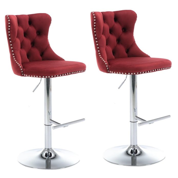 Adjustable Swivel Red Velvet Bar Stools with Tufted Back and Nailhead Trim, Counter Height, 2 - Pack - Chrome Metal - Furniture > Bar Stools & Chairs > Table & Bar Stools - Rivercity House & Home Co. (ABN 18 642 972 209) - Affordable Modern Furniture Australia