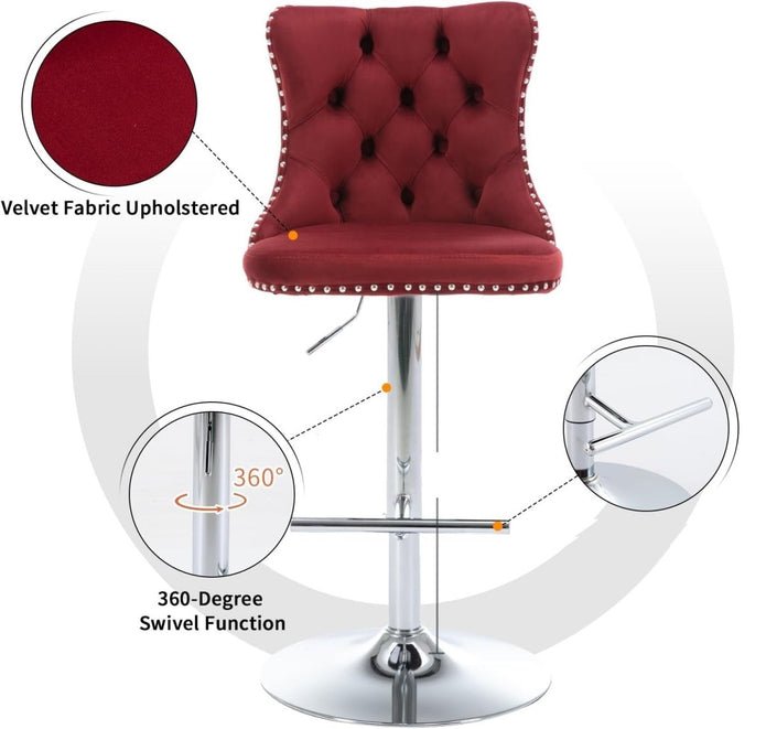 Adjustable Swivel Red Velvet Bar Stools with Tufted Back and Nailhead Trim, Counter Height, 2 - Pack - Chrome Metal - Furniture > Bar Stools & Chairs > Table & Bar Stools - Rivercity House & Home Co. (ABN 18 642 972 209) - Affordable Modern Furniture Australia