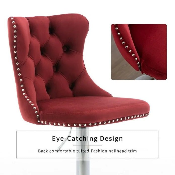 Adjustable Swivel Red Velvet Bar Stools with Tufted Back and Nailhead Trim, Counter Height, 2 - Pack - Chrome Metal - Furniture > Bar Stools & Chairs > Table & Bar Stools - Rivercity House & Home Co. (ABN 18 642 972 209) - Affordable Modern Furniture Australia