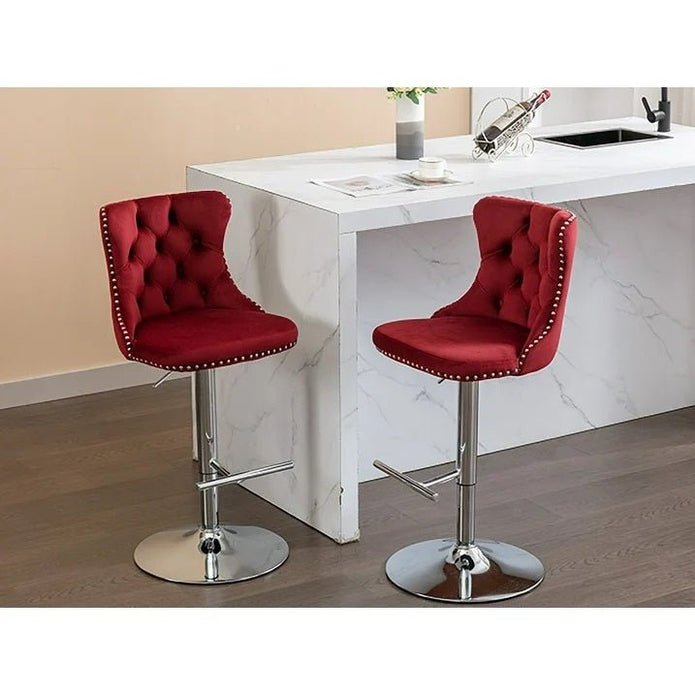 Adjustable Swivel Red Velvet Bar Stools with Tufted Back and Nailhead Trim, Counter Height, 2 - Pack - Chrome Metal - Furniture > Bar Stools & Chairs > Table & Bar Stools - Rivercity House & Home Co. (ABN 18 642 972 209) - Affordable Modern Furniture Australia