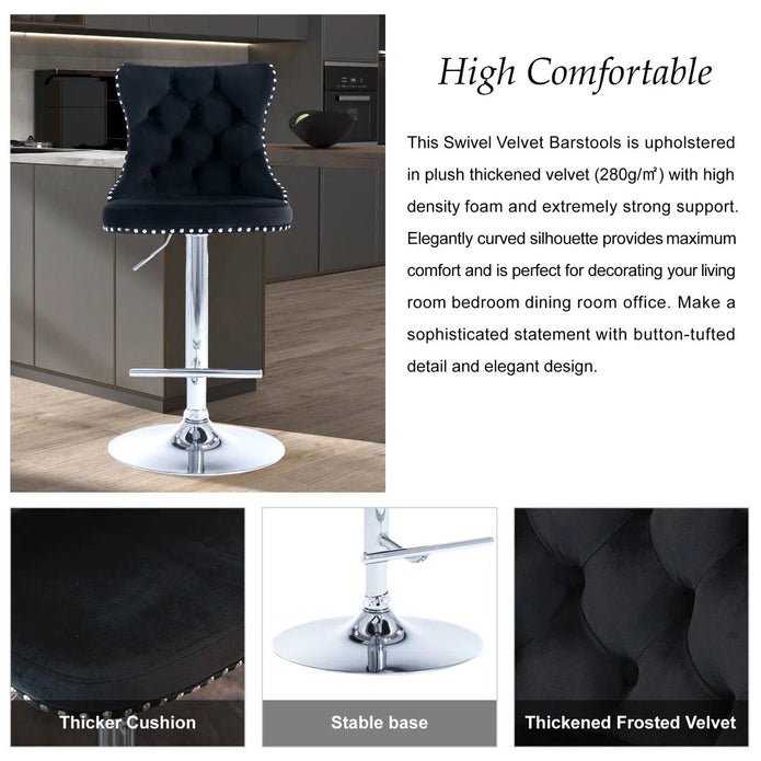 Adjustable Swivel Velvet Bar Stools with Tufted Back and Nailhead Trim, Counter Height, 2 - Pack - Black - Furniture > Bar Stools & Chairs > Table & Bar Stools - Rivercity House & Home Co. (ABN 18 642 972 209) - Affordable Modern Furniture Australia