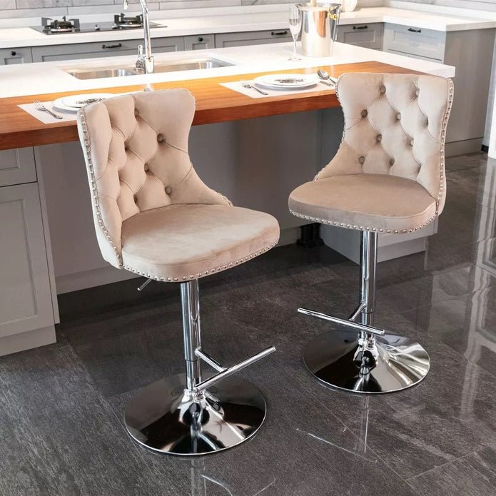 Adjustable Swivel Velvet Bar Stools with Tufted Back and Nailhead Trim, Counter Height, 2 - Pack - Ivory - Furniture > Bar Stools & Chairs > Table & Bar Stools - Rivercity House & Home Co. (ABN 18 642 972 209) - Affordable Modern Furniture Australia