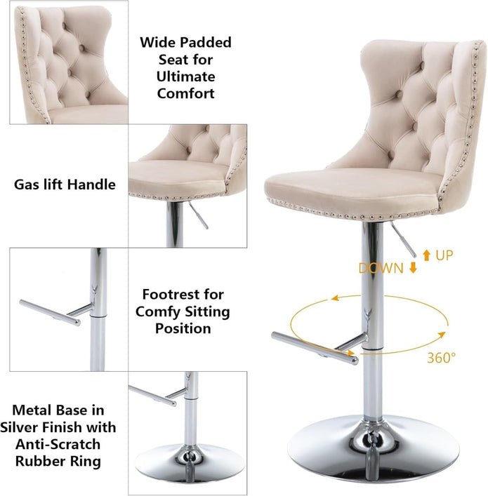 Adjustable Swivel Velvet Bar Stools with Tufted Back and Nailhead Trim, Counter Height, 2 - Pack - Ivory - Furniture > Bar Stools & Chairs > Table & Bar Stools - Rivercity House & Home Co. (ABN 18 642 972 209) - Affordable Modern Furniture Australia