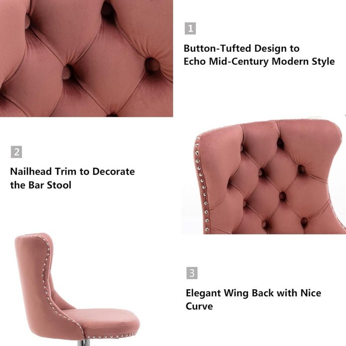 Adjustable Swivel Velvet Bar Stools with Tufted Back and Nailhead Trim, Counter Height, 2 - Pack - Pink - Furniture > Bar Stools & Chairs > Table & Bar Stools - Rivercity House & Home Co. (ABN 18 642 972 209) - Affordable Modern Furniture Australia