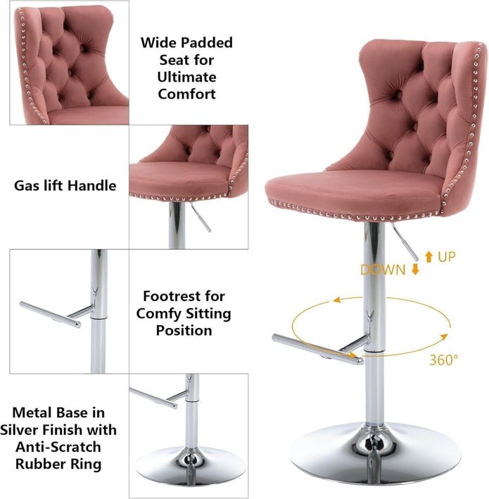 Adjustable Swivel Velvet Bar Stools with Tufted Back and Nailhead Trim, Counter Height, 2 - Pack - Pink - Furniture > Bar Stools & Chairs > Table & Bar Stools - Rivercity House & Home Co. (ABN 18 642 972 209) - Affordable Modern Furniture Australia