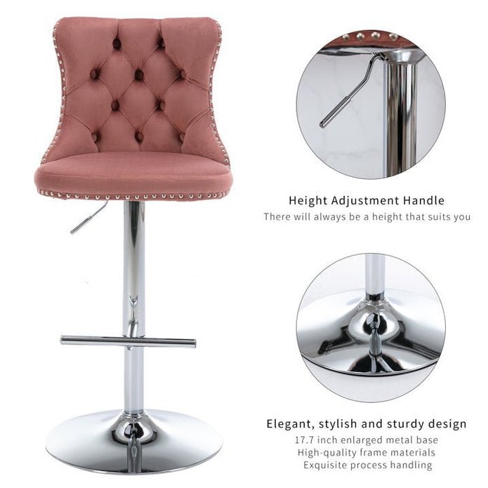Adjustable Swivel Velvet Bar Stools with Tufted Back and Nailhead Trim, Counter Height, 2 - Pack - Pink - Furniture > Bar Stools & Chairs > Table & Bar Stools - Rivercity House & Home Co. (ABN 18 642 972 209) - Affordable Modern Furniture Australia