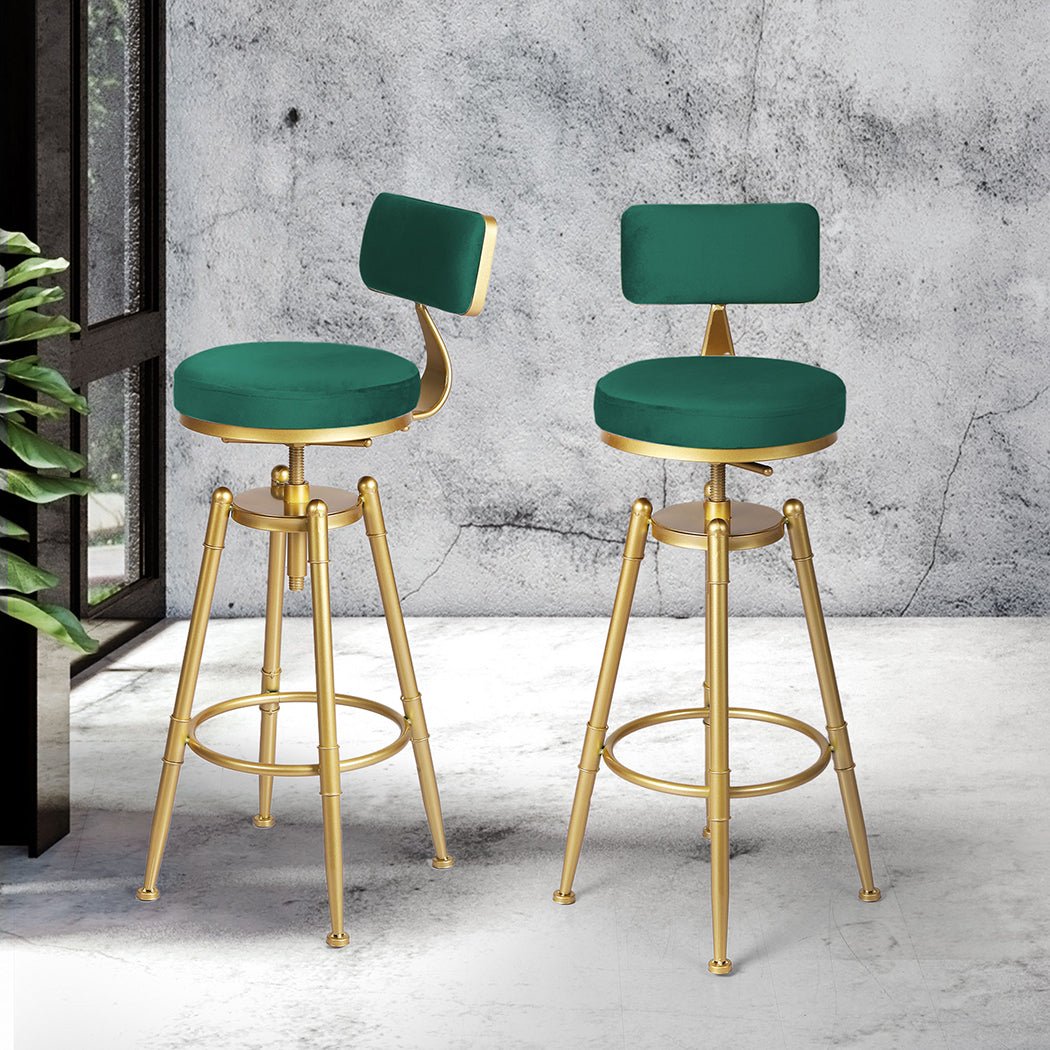 Adjustable Velvet Bar Stool with Swivel and Footrest - Green - Rivercity House & Home Co. (ABN 18 642 972 209) - Affordable Modern Furniture Australia