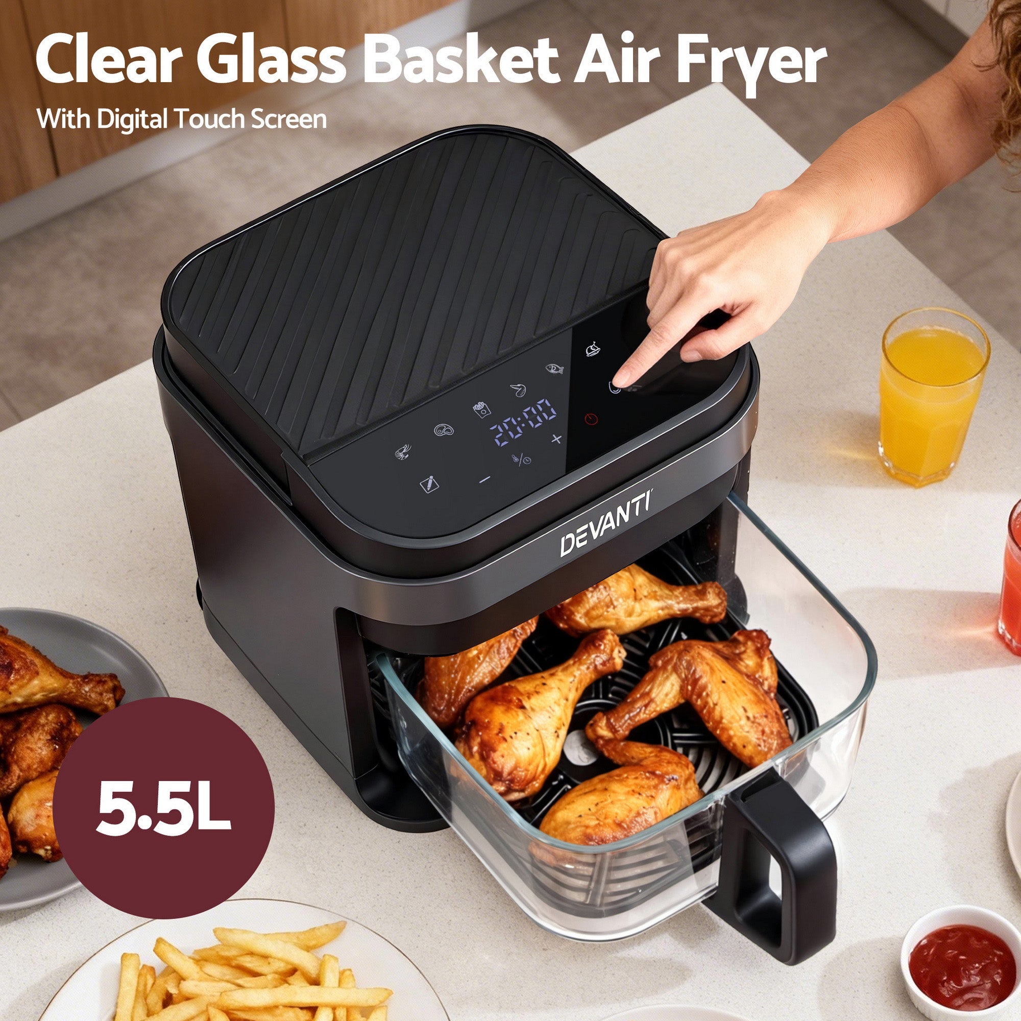 Air Fryer 5.5L Touch Control Electric Cooker 1200W Black - Appliances > Kitchen Appliances > Air Fryers - Rivercity House & Home Co. (ABN 18 642 972 209) - Affordable Modern Furniture Australia