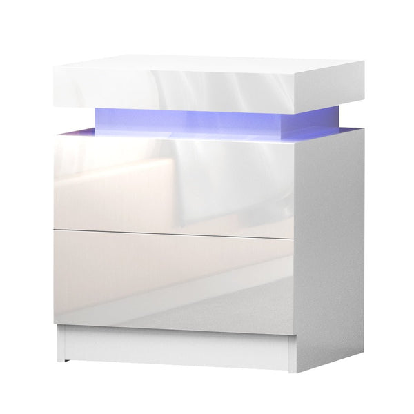 Ambient LED Bedside Table in White Gloss with Top Storage & 2 Drawers (RGB LED)