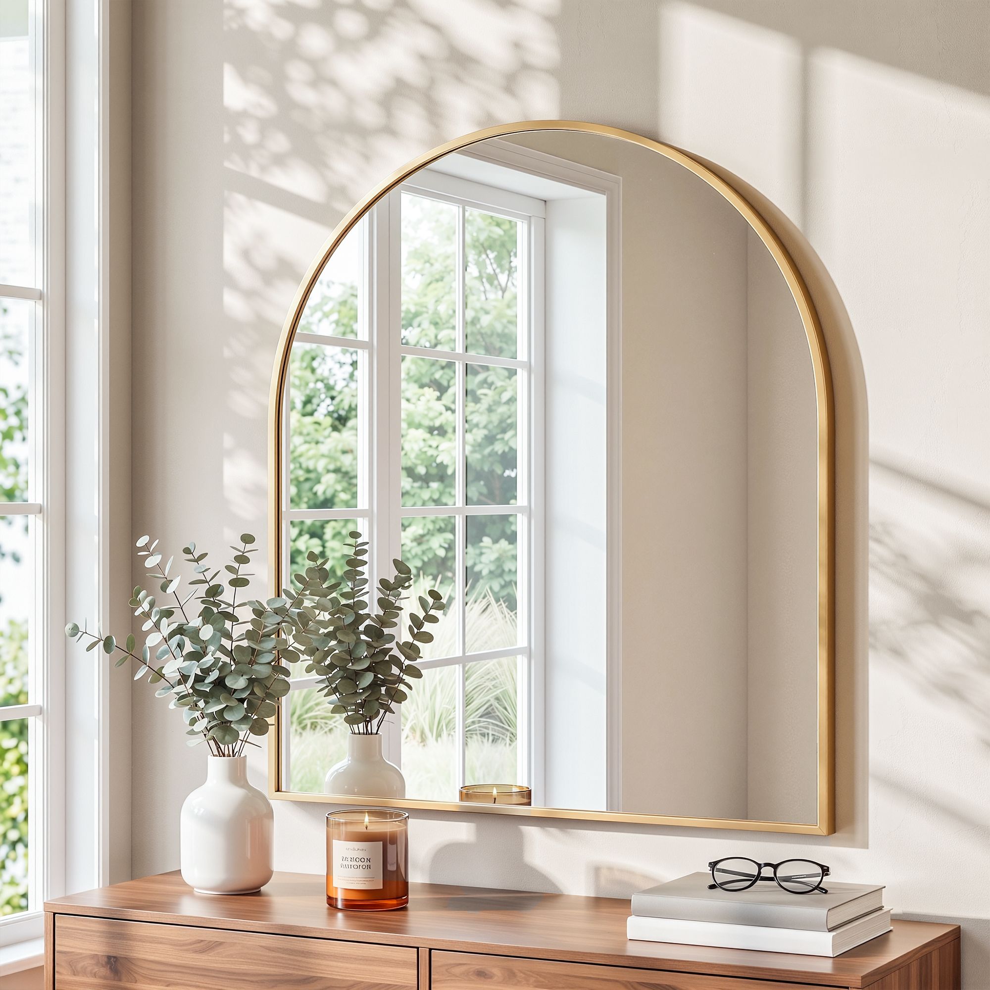Arch Wall Mirror, Decorative Gold Frame Mirrors, 86x81cm Bathroom Vanity Mirror, Slim Frame for Living Room Entryway Bedroom Decor - Home & Garden > Decor > Mirrors - Rivercity House & Home Co. (ABN 18 642 972 209) - Affordable Modern Furniture Australia