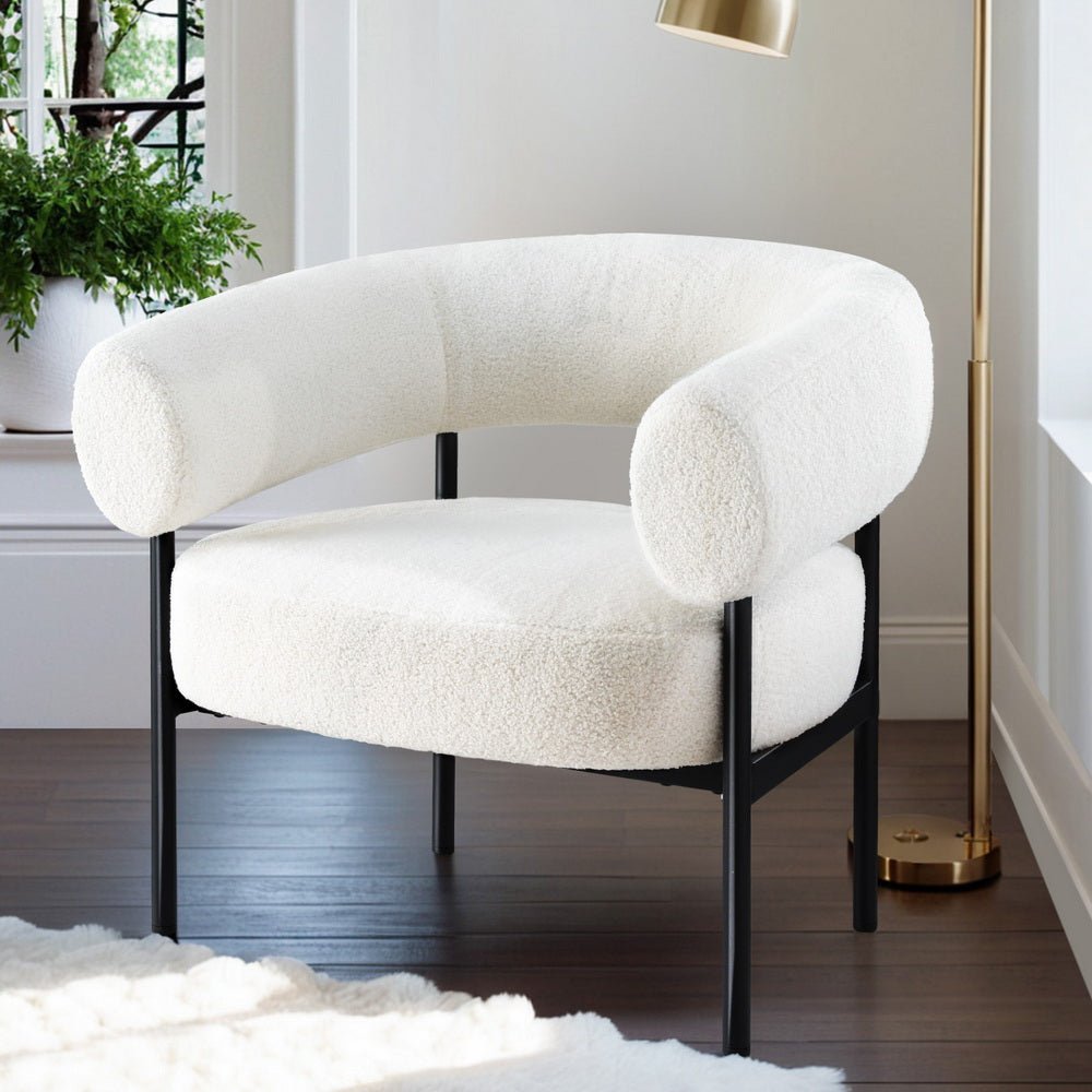 Armchair Accent Chair Curved Boucle White - Furniture > Bar Stools & Chairs > Arm Chairs & Recliners - Rivercity House & Home Co. (ABN 18 642 972 209) - Affordable Modern Furniture Australia