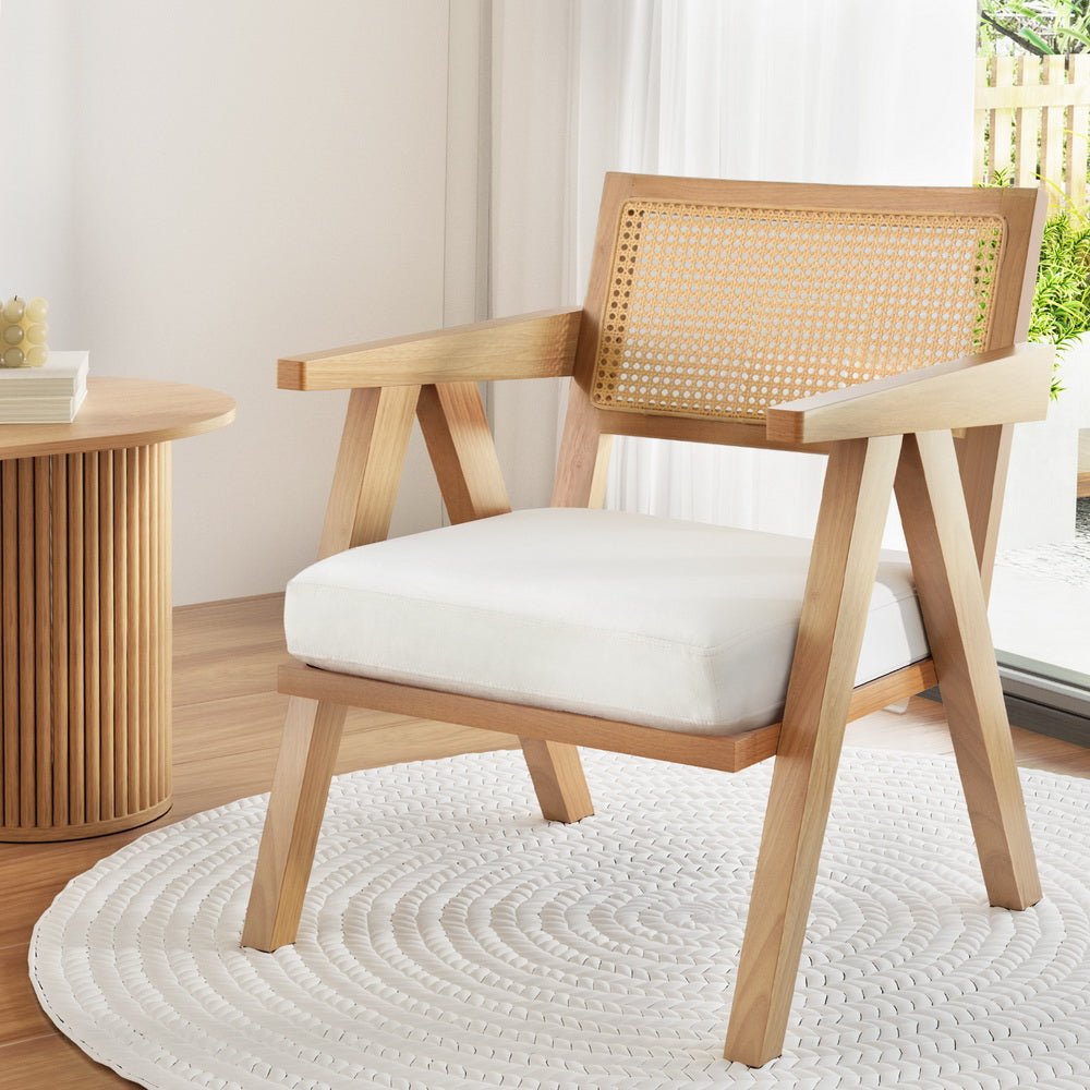 Armchair Accent Chair Lounge Rattan Velvet Pine - Furniture > Bar Stools & Chairs > Arm Chairs & Recliners - Rivercity House & Home Co. (ABN 18 642 972 209) - Affordable Modern Furniture Australia