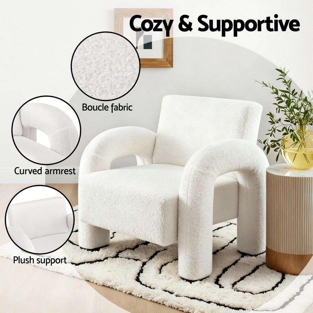 Armchair Accent Chair Lounge Sofa Couch Curved Seat Boucle White - Furniture > Bar Stools & Chairs > Arm Chairs & Recliners - Rivercity House & Home Co. (ABN 18 642 972 209) - Affordable Modern Furniture Australia