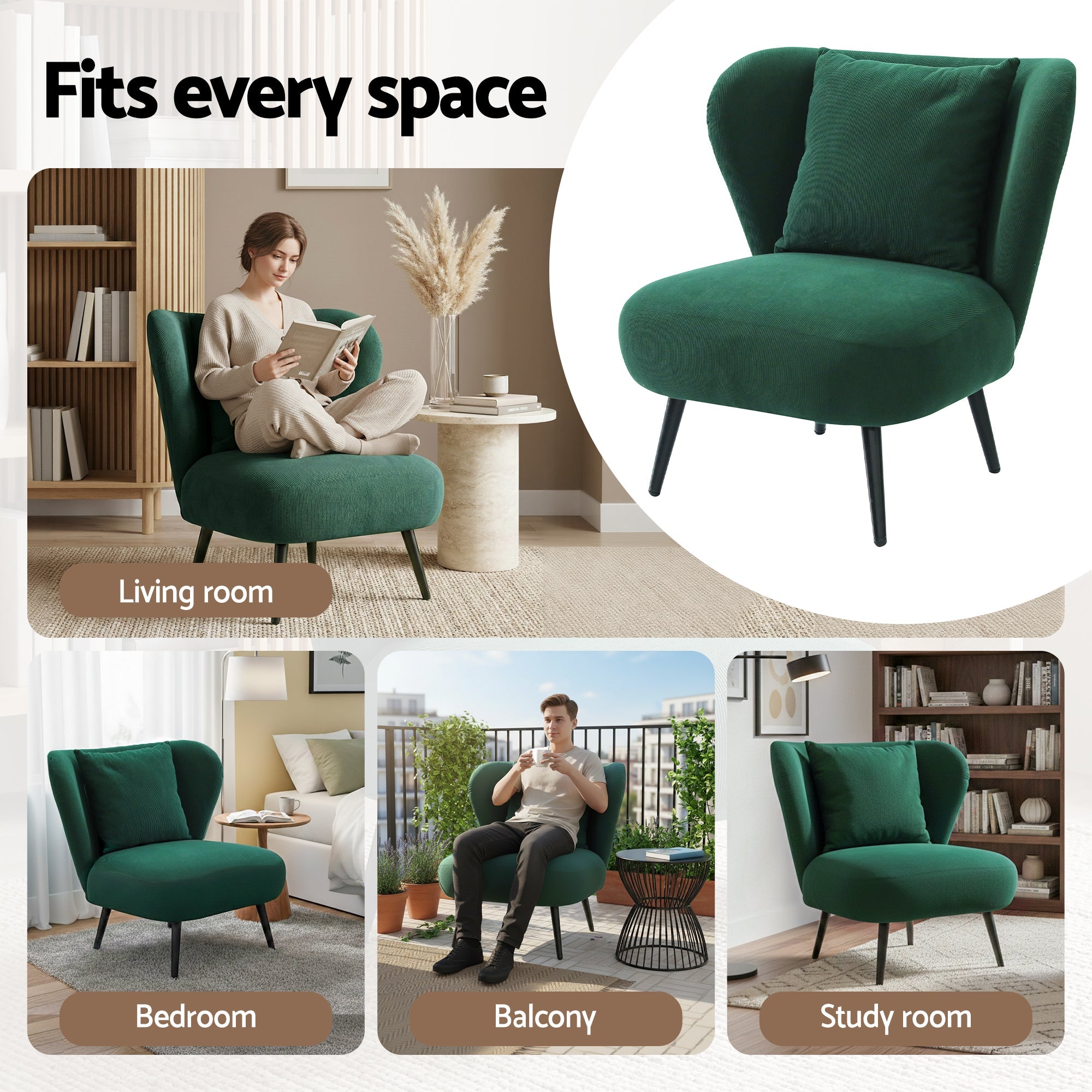Armchair Accent Chair Lounge Tub Sofa Couch Corduroy Velvet Green - Furniture > Bar Stools & Chairs > Arm Chairs & Recliners - Rivercity House & Home Co. (ABN 18 642 972 209) - Affordable Modern Furniture Australia