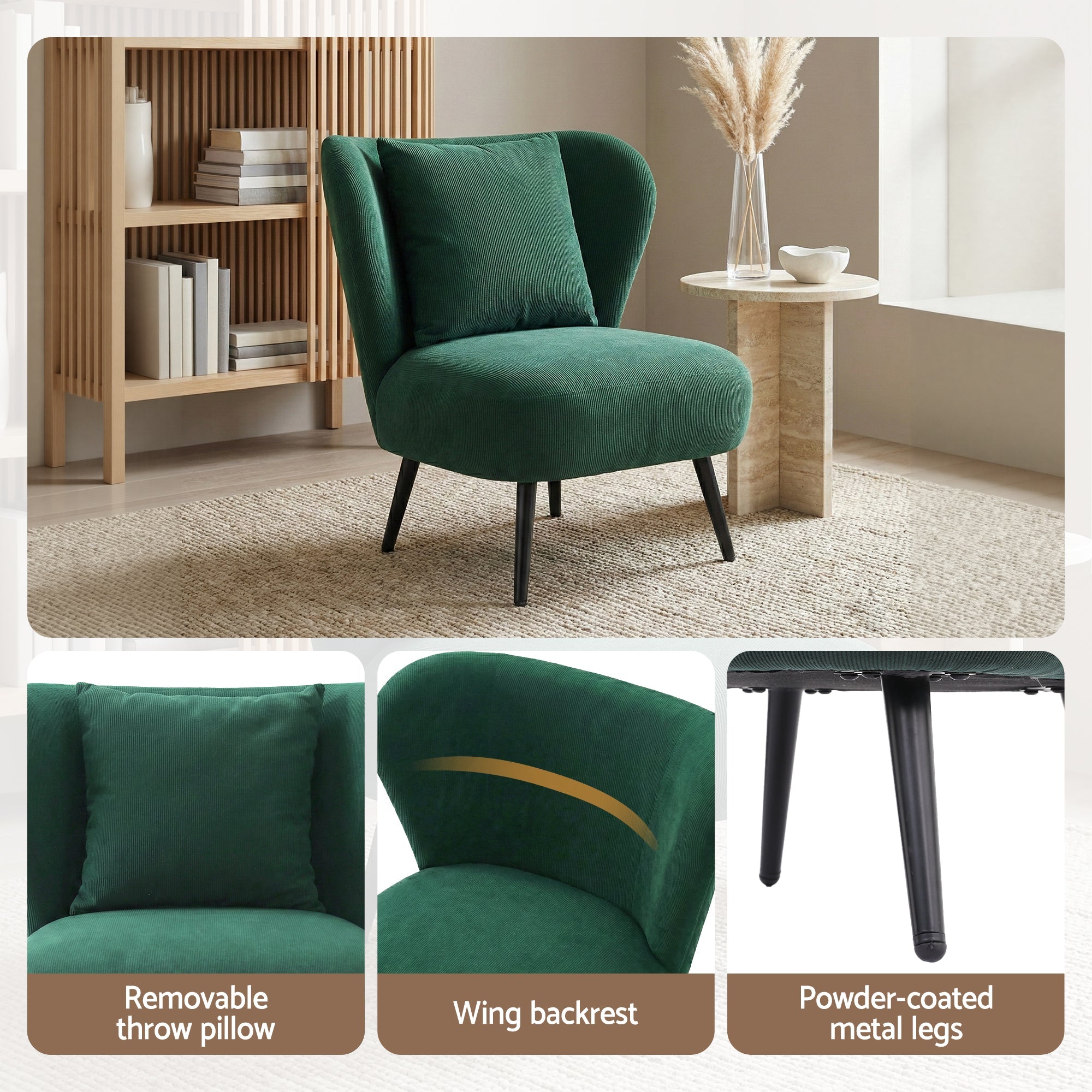 Armchair Accent Chair Lounge Tub Sofa Couch Corduroy Velvet Green - Furniture > Bar Stools & Chairs > Arm Chairs & Recliners - Rivercity House & Home Co. (ABN 18 642 972 209) - Affordable Modern Furniture Australia
