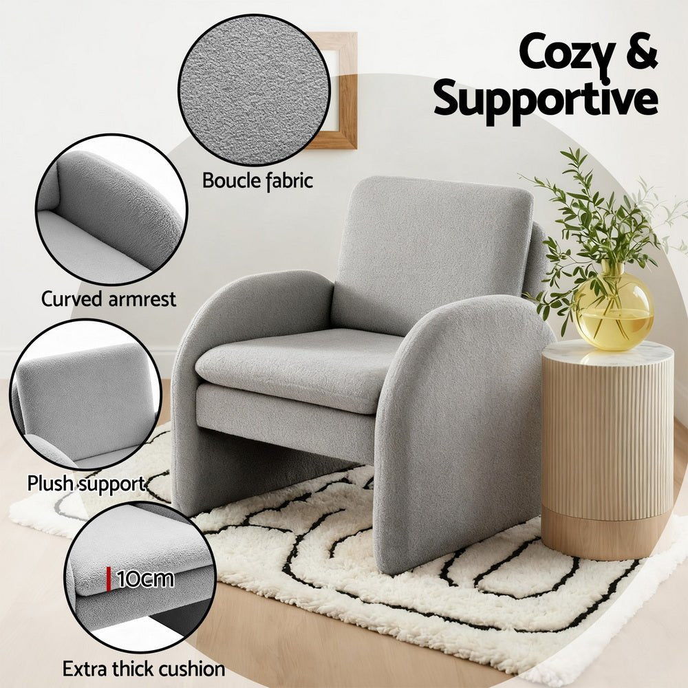 Armchair Accent Chair Lounge Tub Sofa Couch Curved Arm Seat Boucle Grey - Furniture > Bar Stools & Chairs > Arm Chairs & Recliners - Rivercity House & Home Co. (ABN 18 642 972 209) - Affordable Modern Furniture Australia