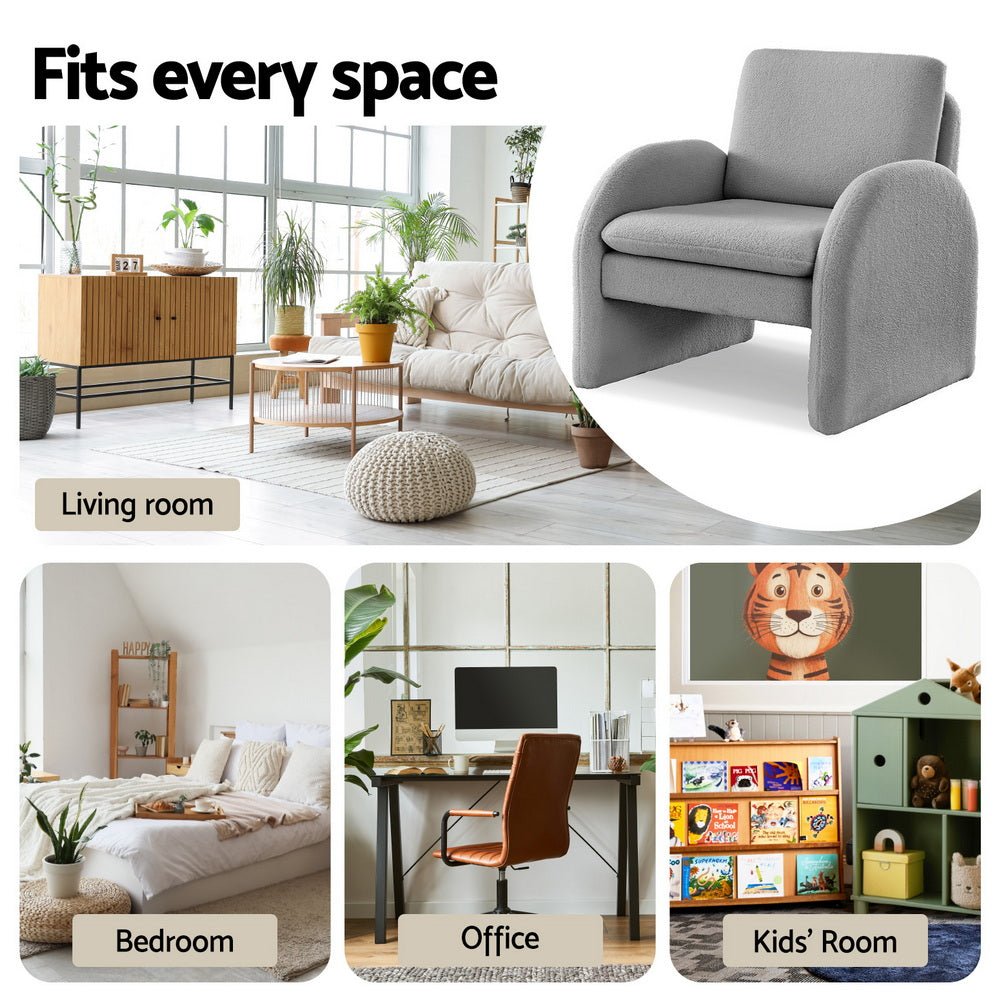 Armchair Accent Chair Lounge Tub Sofa Couch Curved Arm Seat Boucle Grey - Furniture > Bar Stools & Chairs > Arm Chairs & Recliners - Rivercity House & Home Co. (ABN 18 642 972 209) - Affordable Modern Furniture Australia