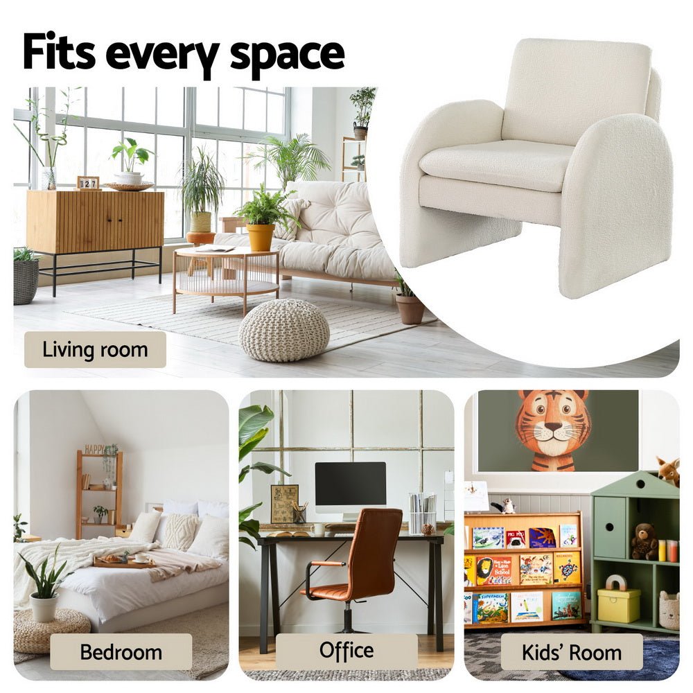 Armchair Accent Chair Lounge Tub Sofa Couch Curved Arm Seat Boucle White - Furniture > Bar Stools & Chairs > Arm Chairs & Recliners - Rivercity House & Home Co. (ABN 18 642 972 209) - Affordable Modern Furniture Australia