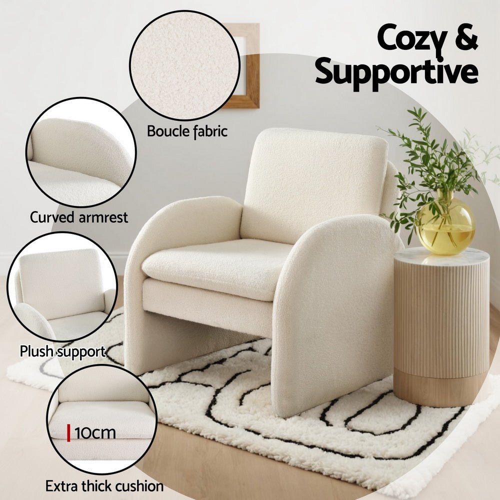 Armchair Accent Chair Lounge Tub Sofa Couch Curved Arm Seat Boucle White - Furniture > Bar Stools & Chairs > Arm Chairs & Recliners - Rivercity House & Home Co. (ABN 18 642 972 209) - Affordable Modern Furniture Australia