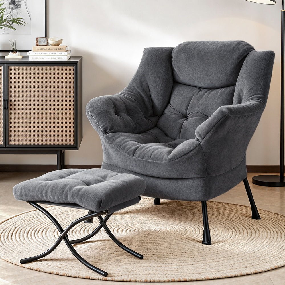 Armchair Accent Chair Ottoman Lounge Footrest Velvet Grey - Furniture > Bar Stools & Chairs > Arm Chairs & Recliners - Rivercity House & Home Co. (ABN 18 642 972 209) - Affordable Modern Furniture Australia