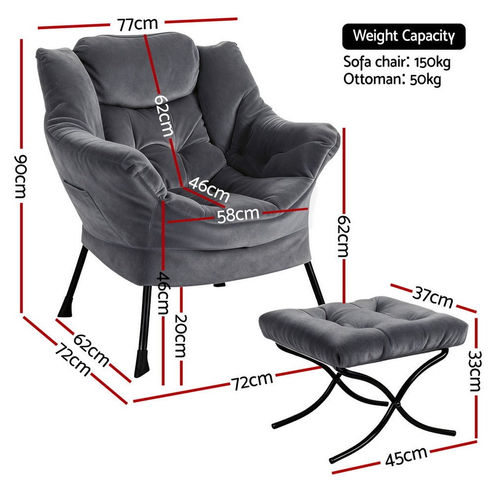 Armchair Accent Chair Ottoman Lounge Footrest Velvet Grey - Furniture > Bar Stools & Chairs > Arm Chairs & Recliners - Rivercity House & Home Co. (ABN 18 642 972 209) - Affordable Modern Furniture Australia
