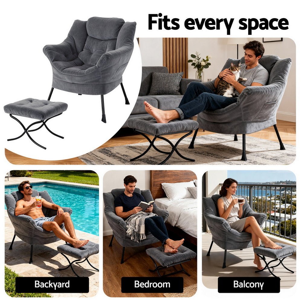 Armchair Accent Chair Ottoman Lounge Footrest Velvet Grey - Furniture > Bar Stools & Chairs > Arm Chairs & Recliners - Rivercity House & Home Co. (ABN 18 642 972 209) - Affordable Modern Furniture Australia