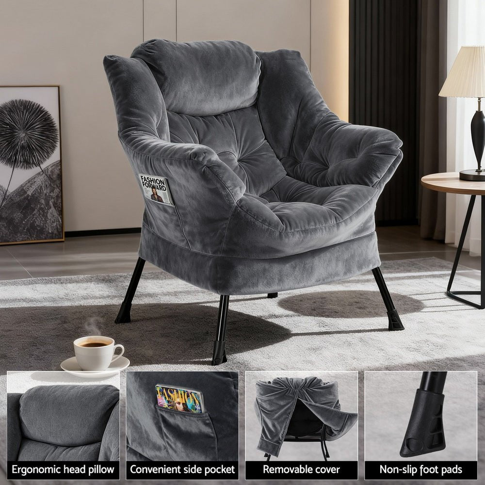 Armchair Accent Chair Ottoman Lounge Footrest Velvet Grey - Furniture > Bar Stools & Chairs > Arm Chairs & Recliners - Rivercity House & Home Co. (ABN 18 642 972 209) - Affordable Modern Furniture Australia