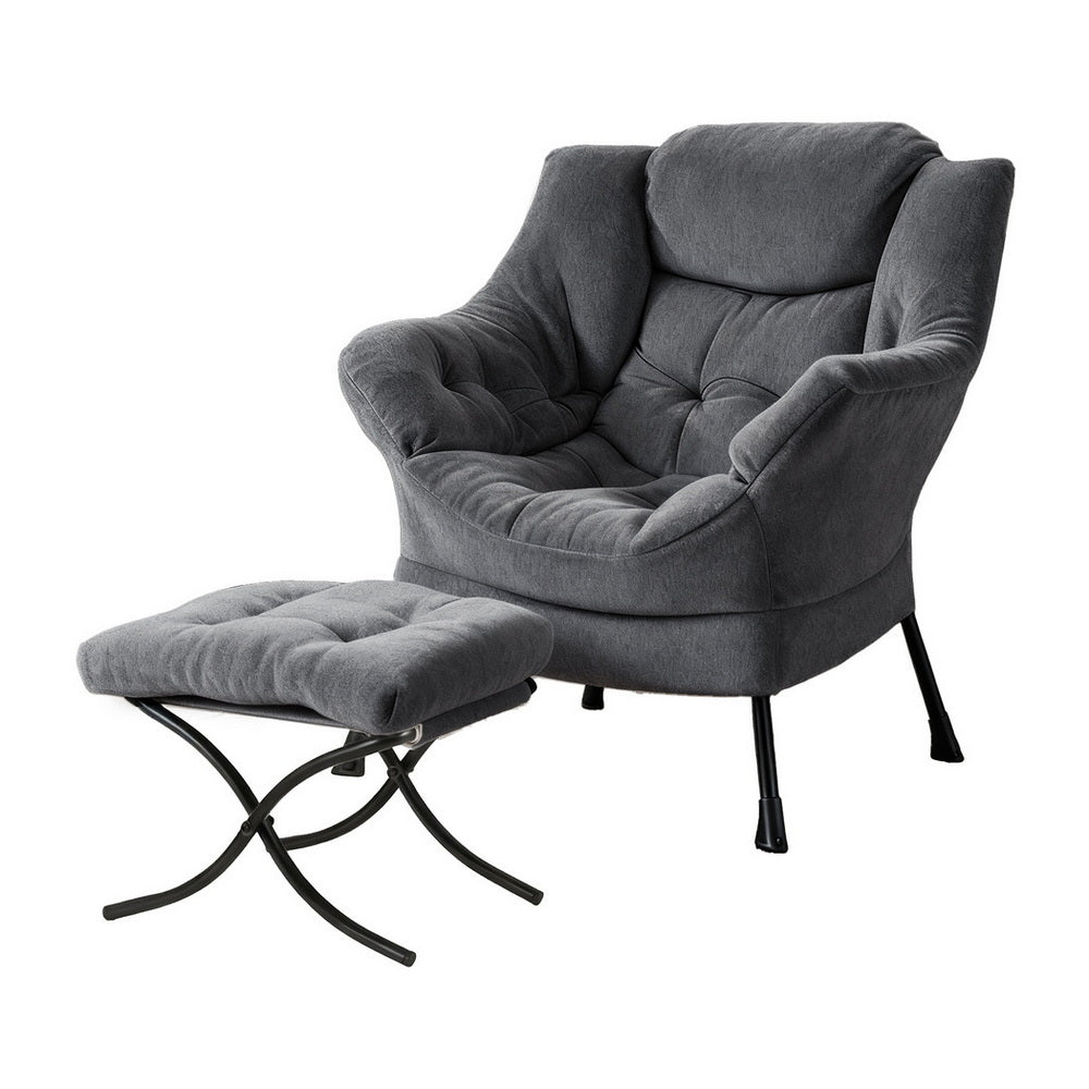 Armchair Accent Chair Ottoman Lounge Footrest Velvet Grey - Furniture > Bar Stools & Chairs > Arm Chairs & Recliners - Rivercity House & Home Co. (ABN 18 642 972 209) - Affordable Modern Furniture Australia
