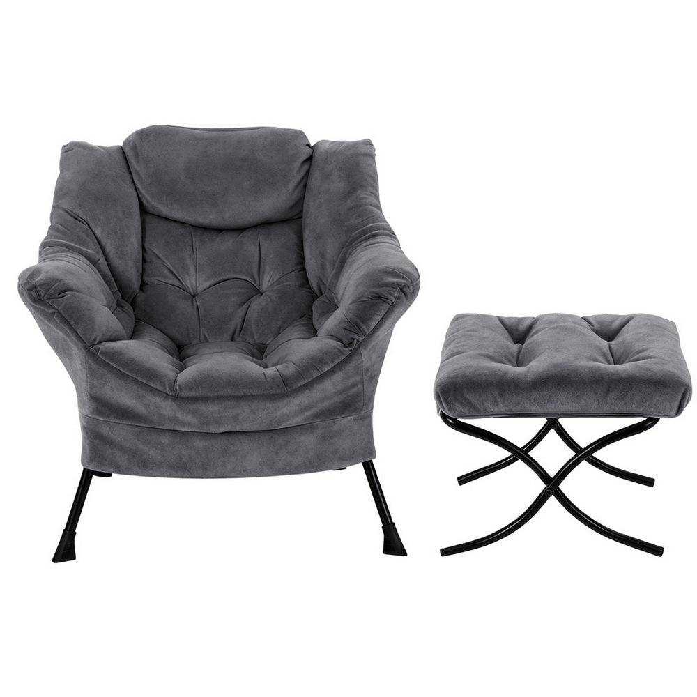 Armchair Accent Chair Ottoman Lounge Footrest Velvet Grey - Furniture > Bar Stools & Chairs > Arm Chairs & Recliners - Rivercity House & Home Co. (ABN 18 642 972 209) - Affordable Modern Furniture Australia