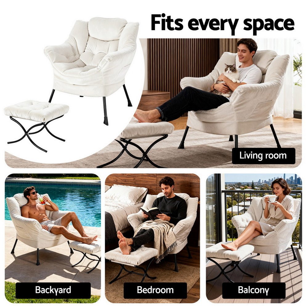 Armchair Accent Chair Ottoman Lounge Footrest Velvet White - Furniture > Bar Stools & Chairs > Arm Chairs & Recliners - Rivercity House & Home Co. (ABN 18 642 972 209) - Affordable Modern Furniture Australia