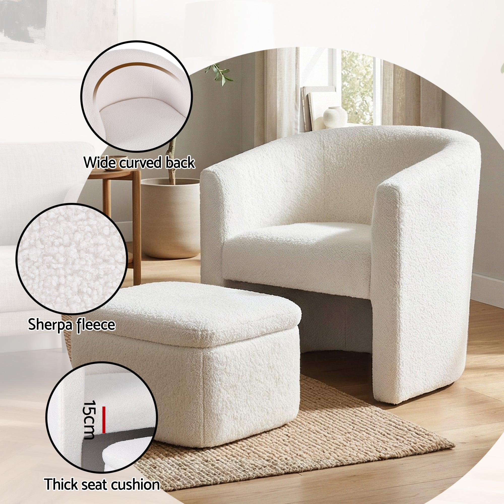 Armchair Accent Chair w/Ottoman Lounge Footrest Storage Boucle White - Furniture > Bar Stools & Chairs > Arm Chairs & Recliners - Rivercity House & Home Co. (ABN 18 642 972 209) - Affordable Modern Furniture Australia