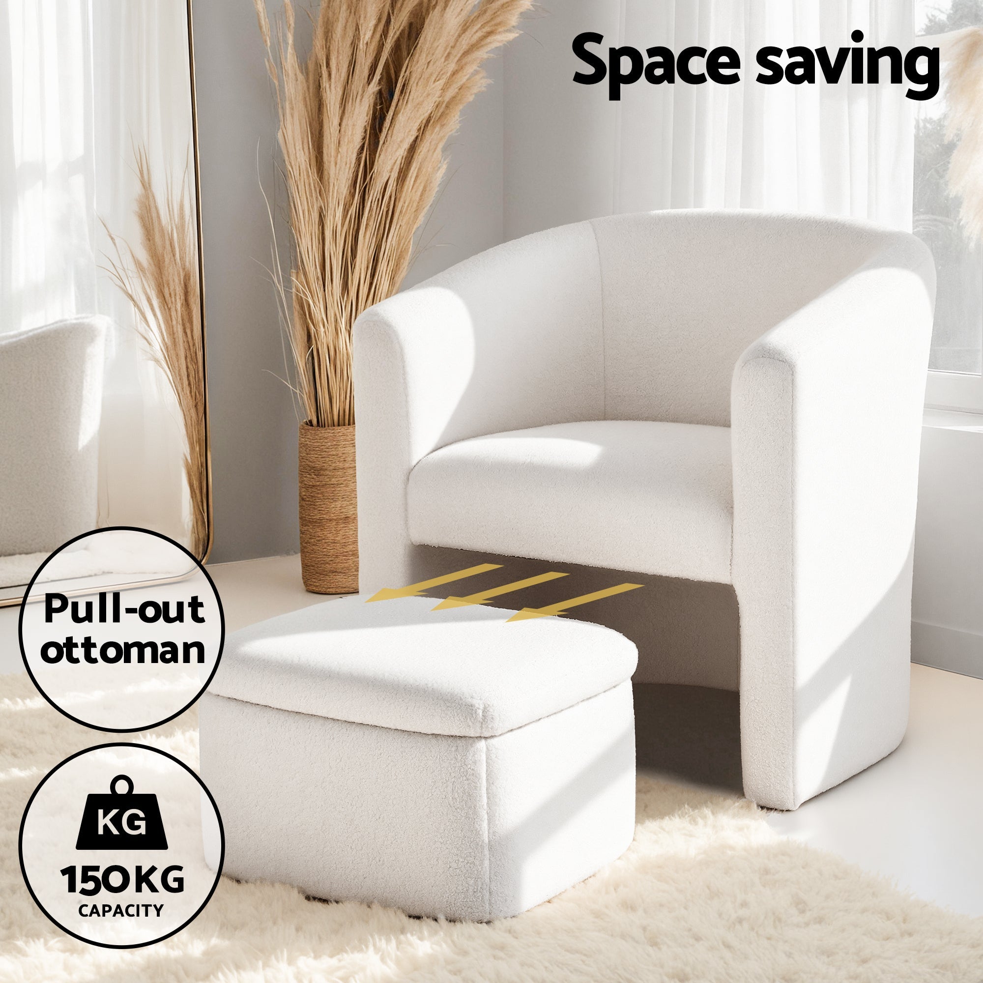 Armchair Accent Chair w/Ottoman Lounge Footrest Storage Boucle White - Furniture > Bar Stools & Chairs > Arm Chairs & Recliners - Rivercity House & Home Co. (ABN 18 642 972 209) - Affordable Modern Furniture Australia