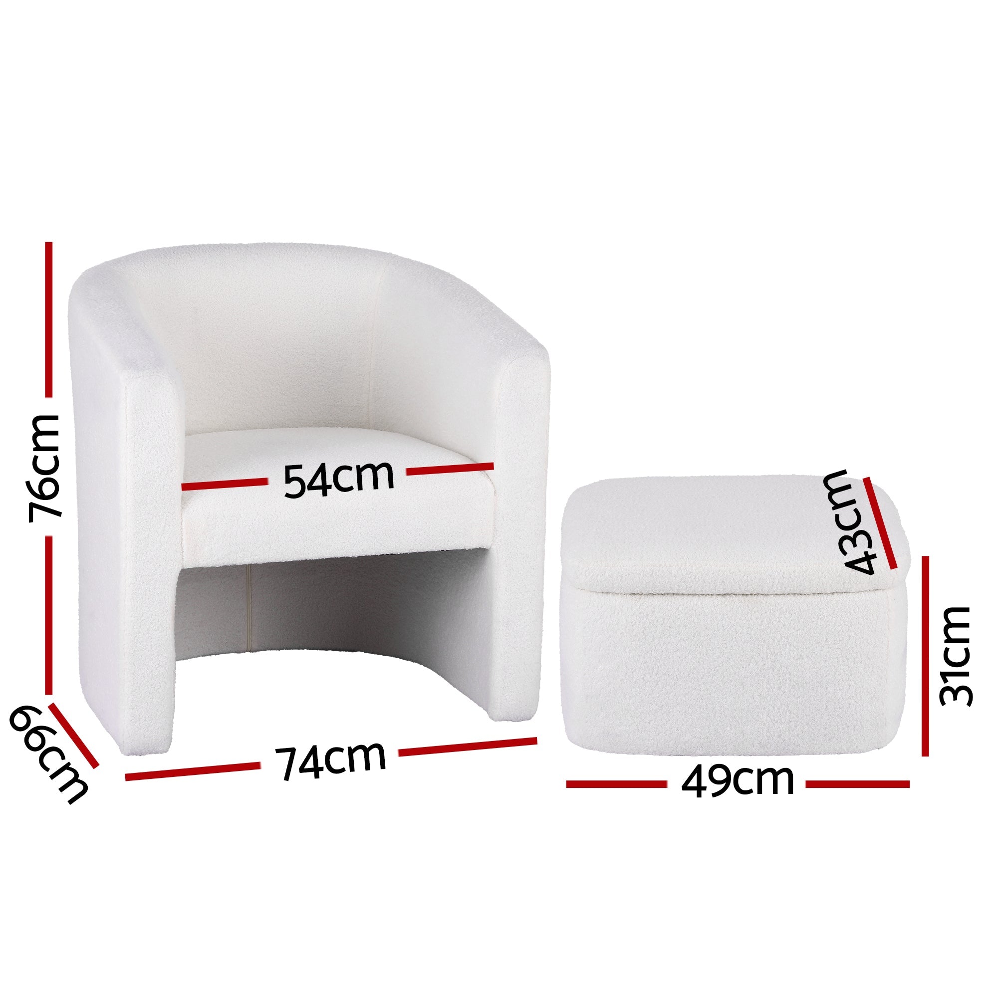 Armchair Accent Chair w/Ottoman Lounge Footrest Storage Boucle White - Furniture > Bar Stools & Chairs > Arm Chairs & Recliners - Rivercity House & Home Co. (ABN 18 642 972 209) - Affordable Modern Furniture Australia