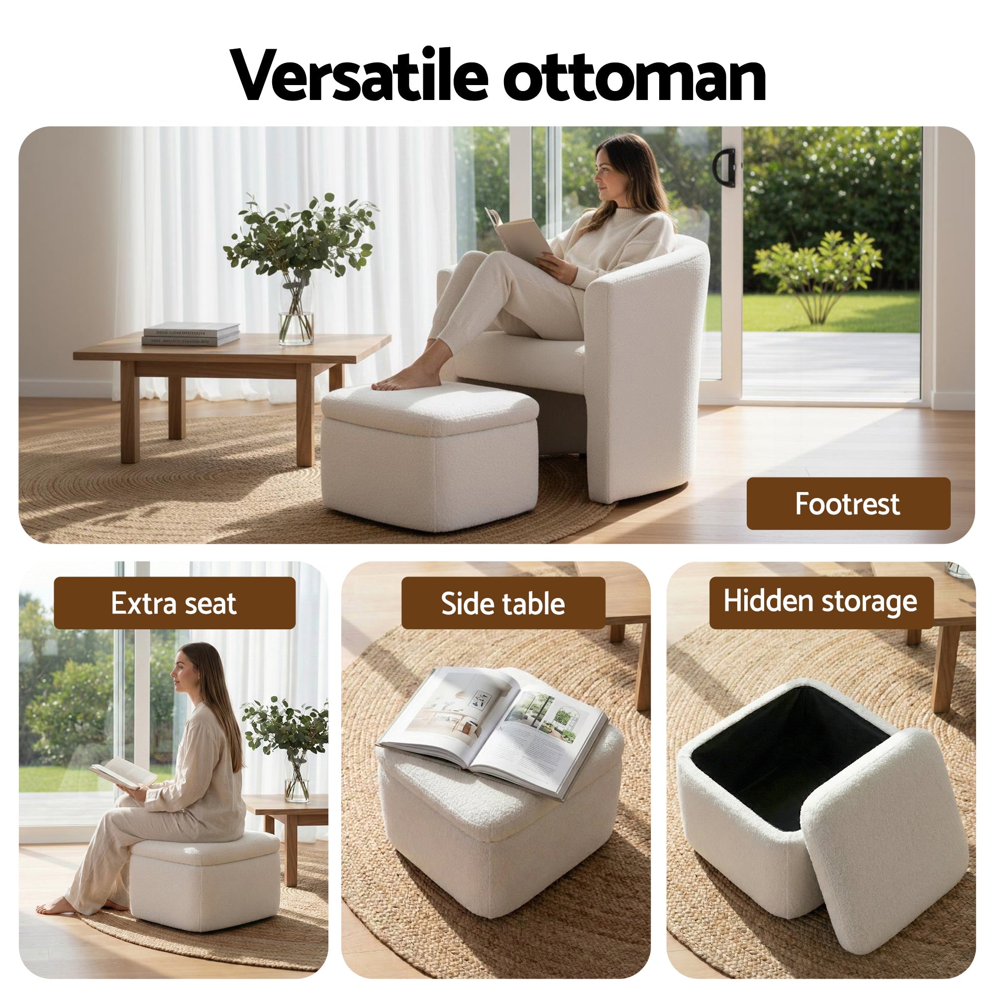 Armchair Accent Chair w/Ottoman Lounge Footrest Storage Boucle White - Furniture > Bar Stools & Chairs > Arm Chairs & Recliners - Rivercity House & Home Co. (ABN 18 642 972 209) - Affordable Modern Furniture Australia