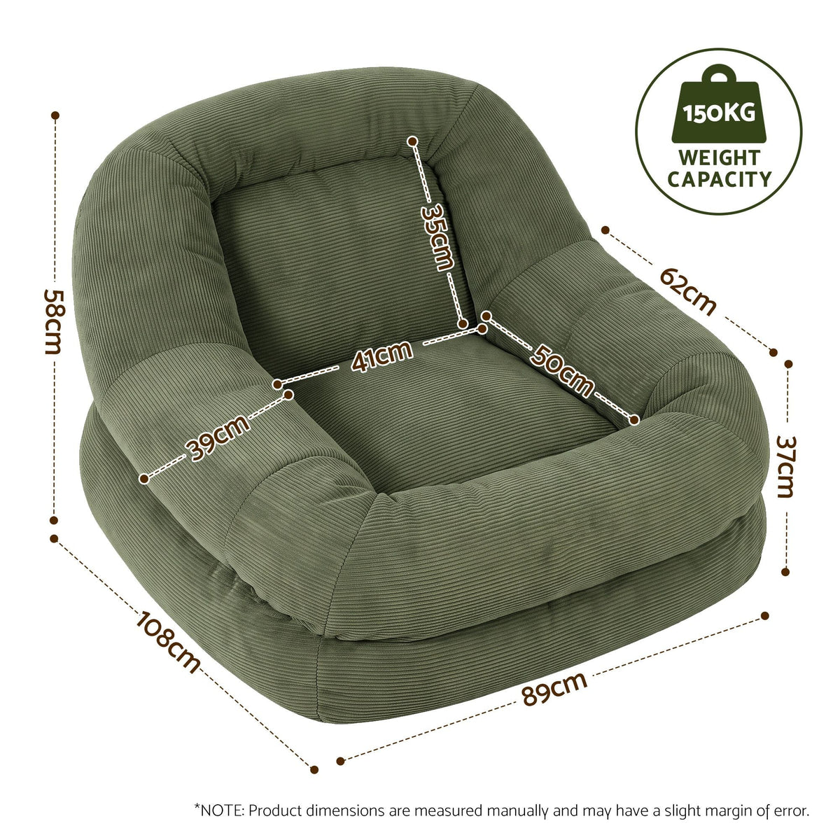 Armchair Floor Chair Couch Recliner 1 Seater Cloud Chaise Lounge Corduroy Green - Furniture > Bar Stools & Chairs > Arm Chairs & Recliners - Rivercity House & Home Co. (ABN 18 642 972 209) - Affordable Modern Furniture Australia