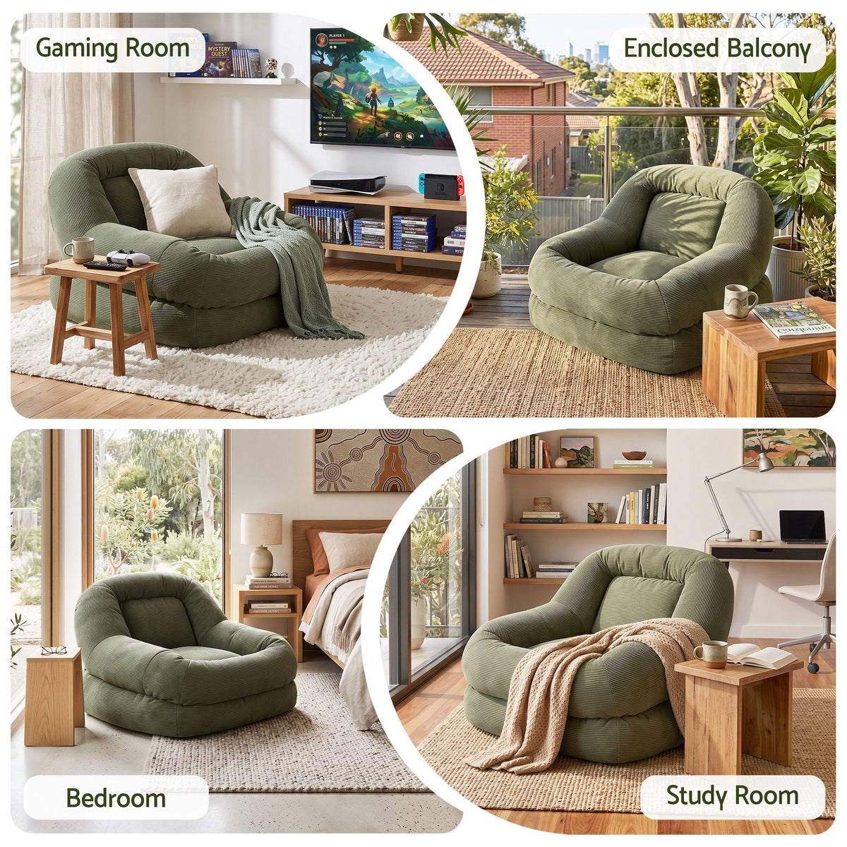 Armchair Floor Chair Couch Recliner 1 Seater Cloud Chaise Lounge Corduroy Green - Furniture > Bar Stools & Chairs > Arm Chairs & Recliners - Rivercity House & Home Co. (ABN 18 642 972 209) - Affordable Modern Furniture Australia