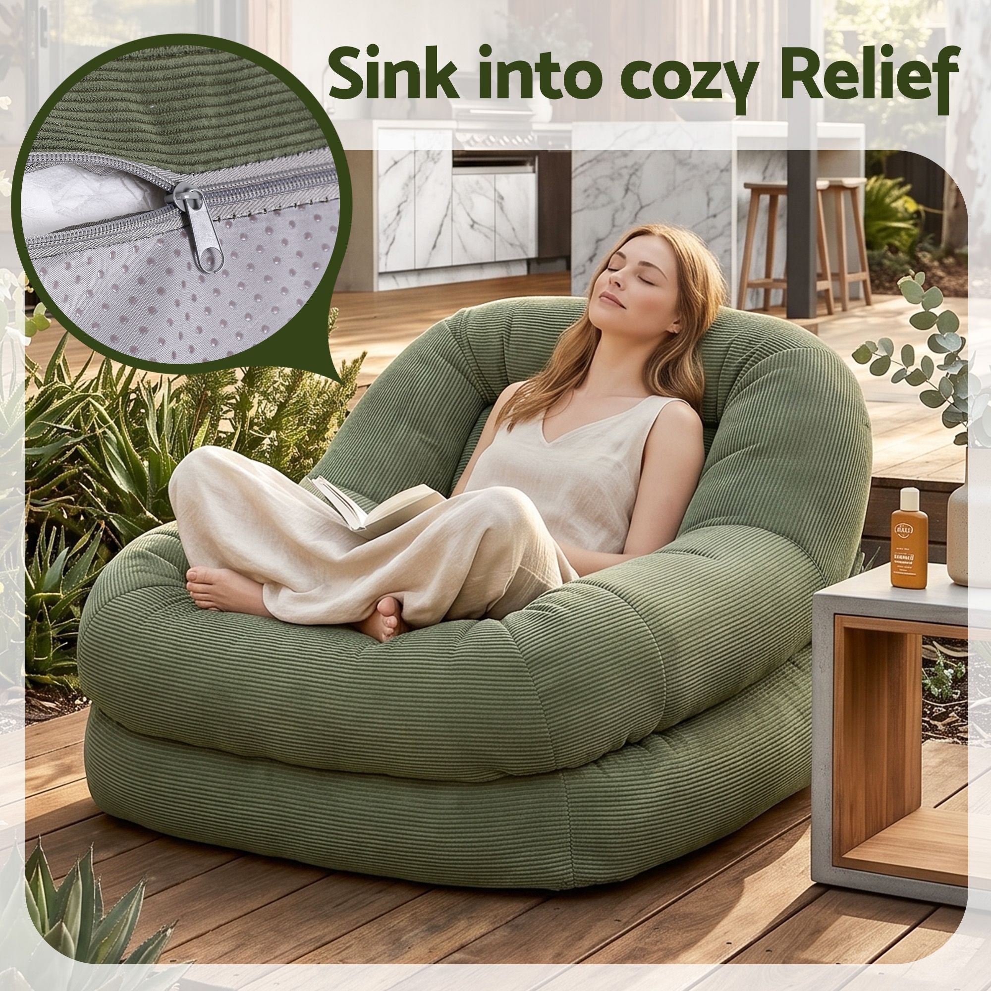 Armchair Floor Chair Couch Recliner 1 Seater Cloud Chaise Lounge Corduroy Green - Furniture > Bar Stools & Chairs > Arm Chairs & Recliners - Rivercity House & Home Co. (ABN 18 642 972 209) - Affordable Modern Furniture Australia