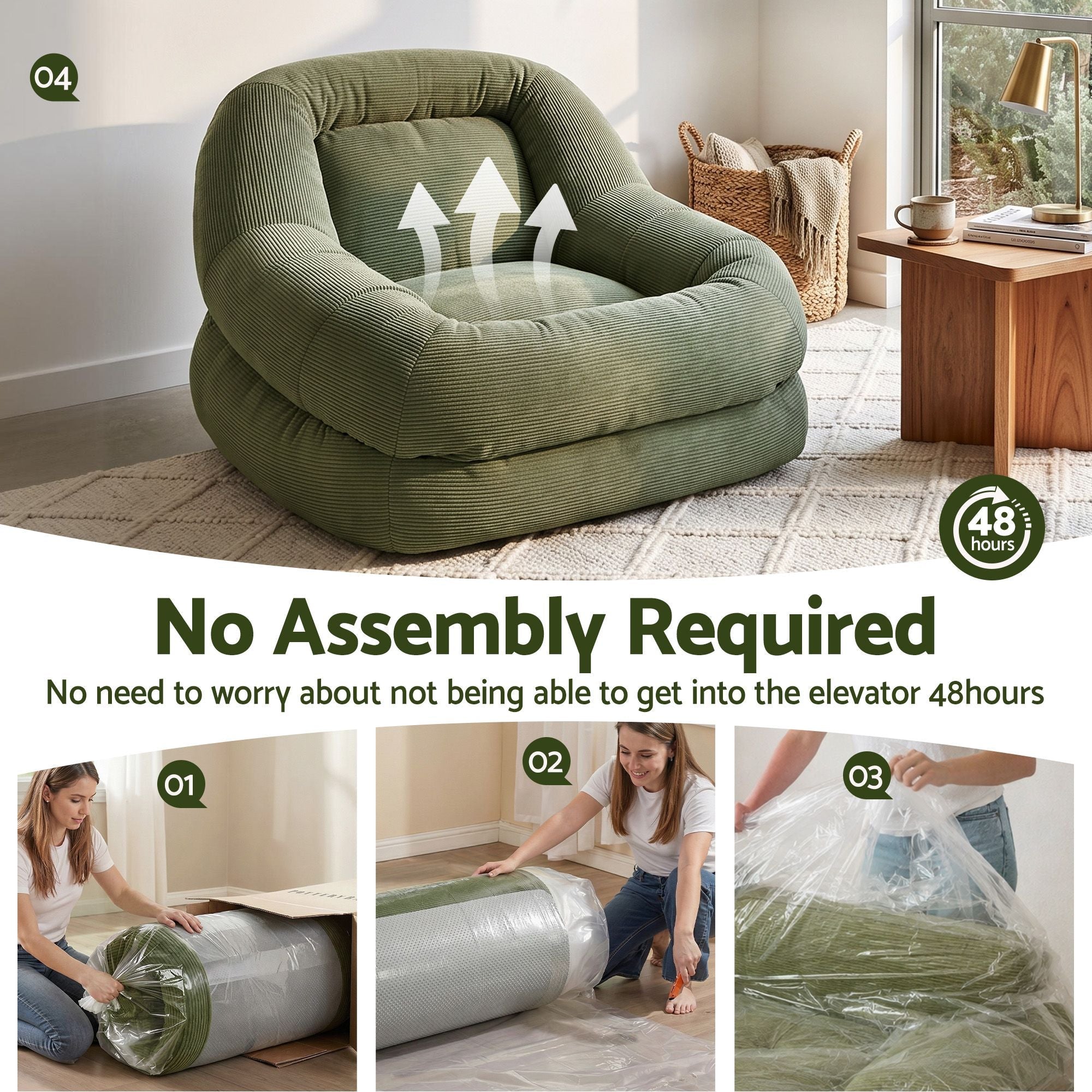 Armchair Floor Chair Couch Recliner 1 Seater Cloud Chaise Lounge Corduroy Green - Furniture > Bar Stools & Chairs > Arm Chairs & Recliners - Rivercity House & Home Co. (ABN 18 642 972 209) - Affordable Modern Furniture Australia