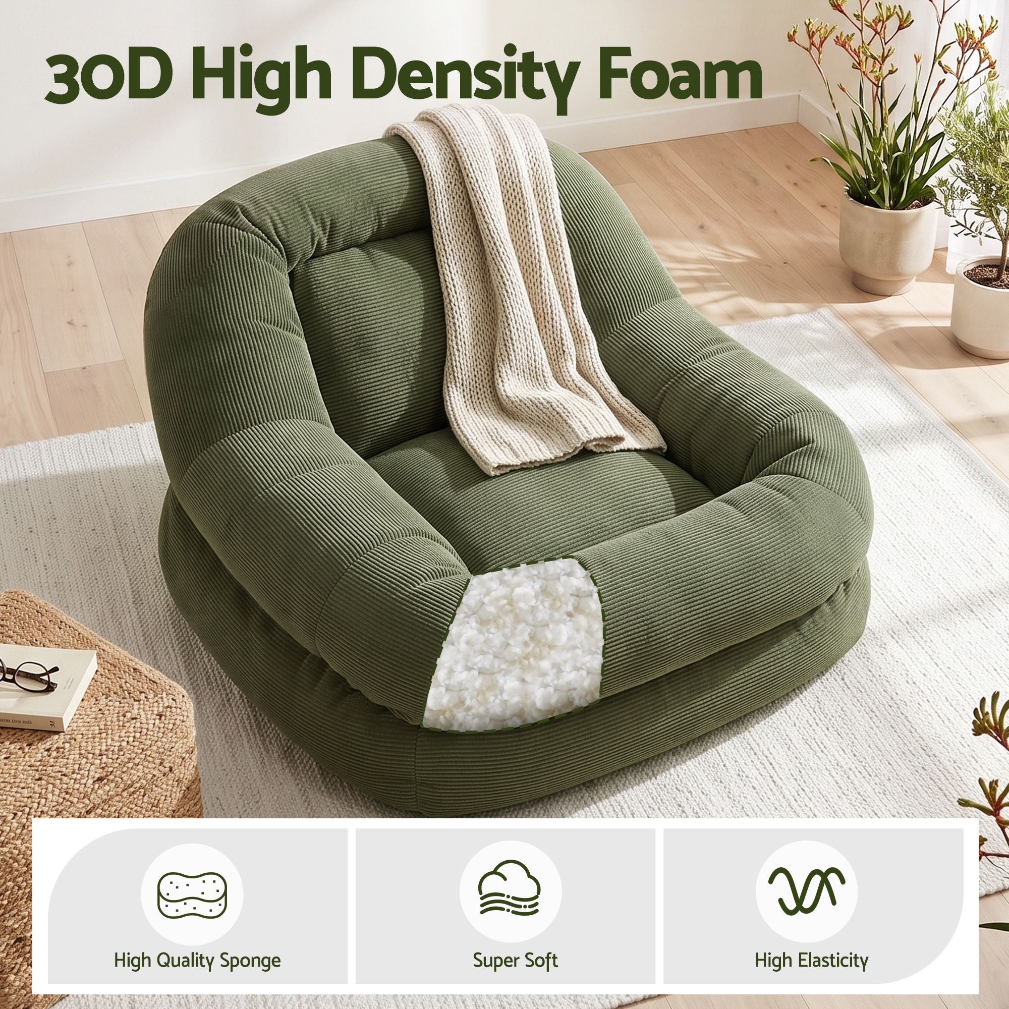 Armchair Floor Chair Couch Recliner 1 Seater Cloud Chaise Lounge Corduroy Green - Furniture > Bar Stools & Chairs > Arm Chairs & Recliners - Rivercity House & Home Co. (ABN 18 642 972 209) - Affordable Modern Furniture Australia