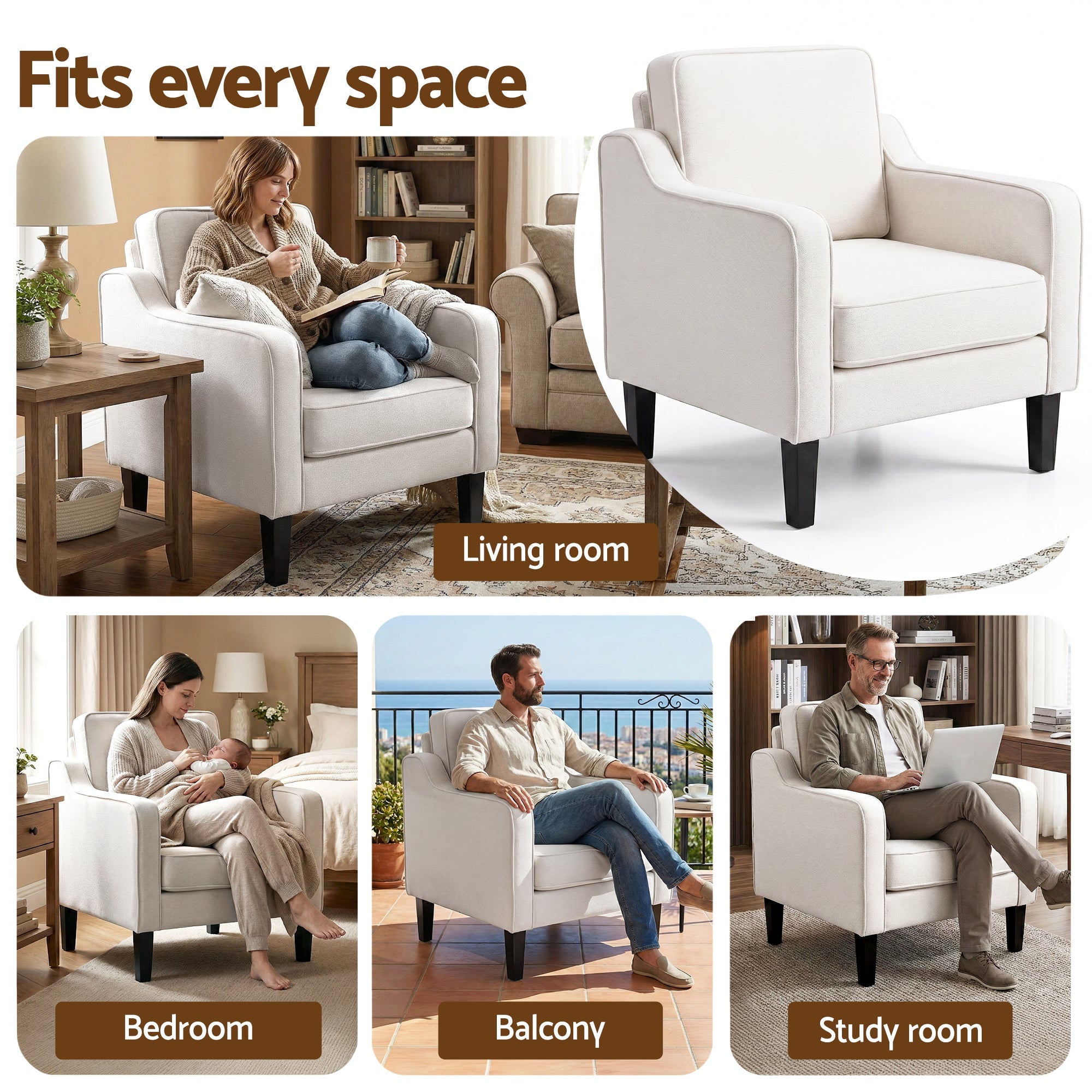 Armchair Lounge Accent Chair Linen Fabric Beige - Furniture > Bar Stools & Chairs > Arm Chairs & Recliners - Rivercity House & Home Co. (ABN 18 642 972 209) - Affordable Modern Furniture Australia