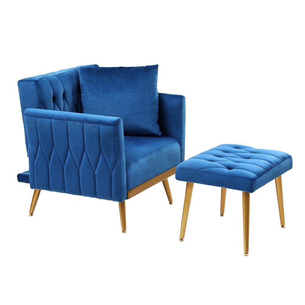 Armchair Ottoman Accent Chair Pillow Velvet Blue - Furniture > Bar Stools & Chairs > Arm Chairs & Recliners - Rivercity House & Home Co. (ABN 18 642 972 209) - Affordable Modern Furniture Australia