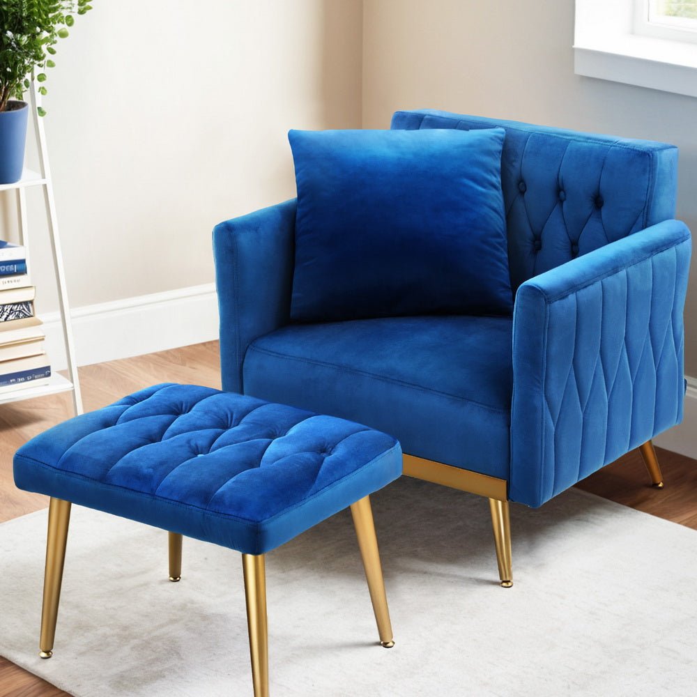 Armchair Ottoman Accent Chair Pillow Velvet Blue - Furniture > Bar Stools & Chairs > Arm Chairs & Recliners - Rivercity House & Home Co. (ABN 18 642 972 209) - Affordable Modern Furniture Australia