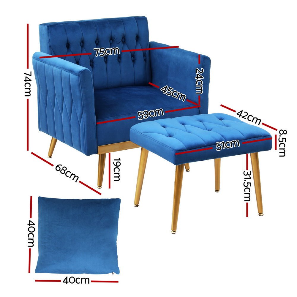 Armchair Ottoman Accent Chair Pillow Velvet Blue - Furniture > Bar Stools & Chairs > Arm Chairs & Recliners - Rivercity House & Home Co. (ABN 18 642 972 209) - Affordable Modern Furniture Australia