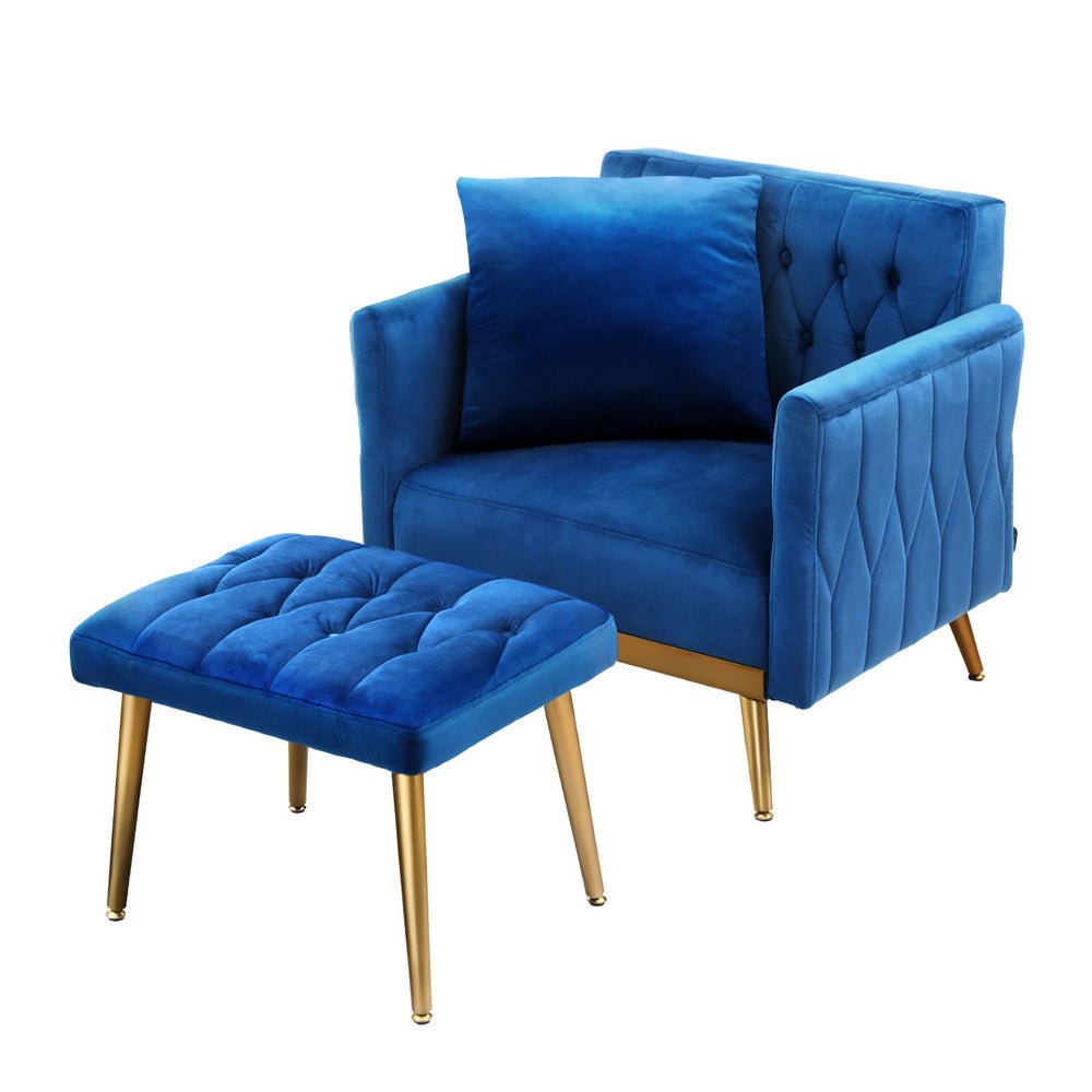 Armchair Ottoman Accent Chair Pillow Velvet Blue - Furniture > Bar Stools & Chairs > Arm Chairs & Recliners - Rivercity House & Home Co. (ABN 18 642 972 209) - Affordable Modern Furniture Australia