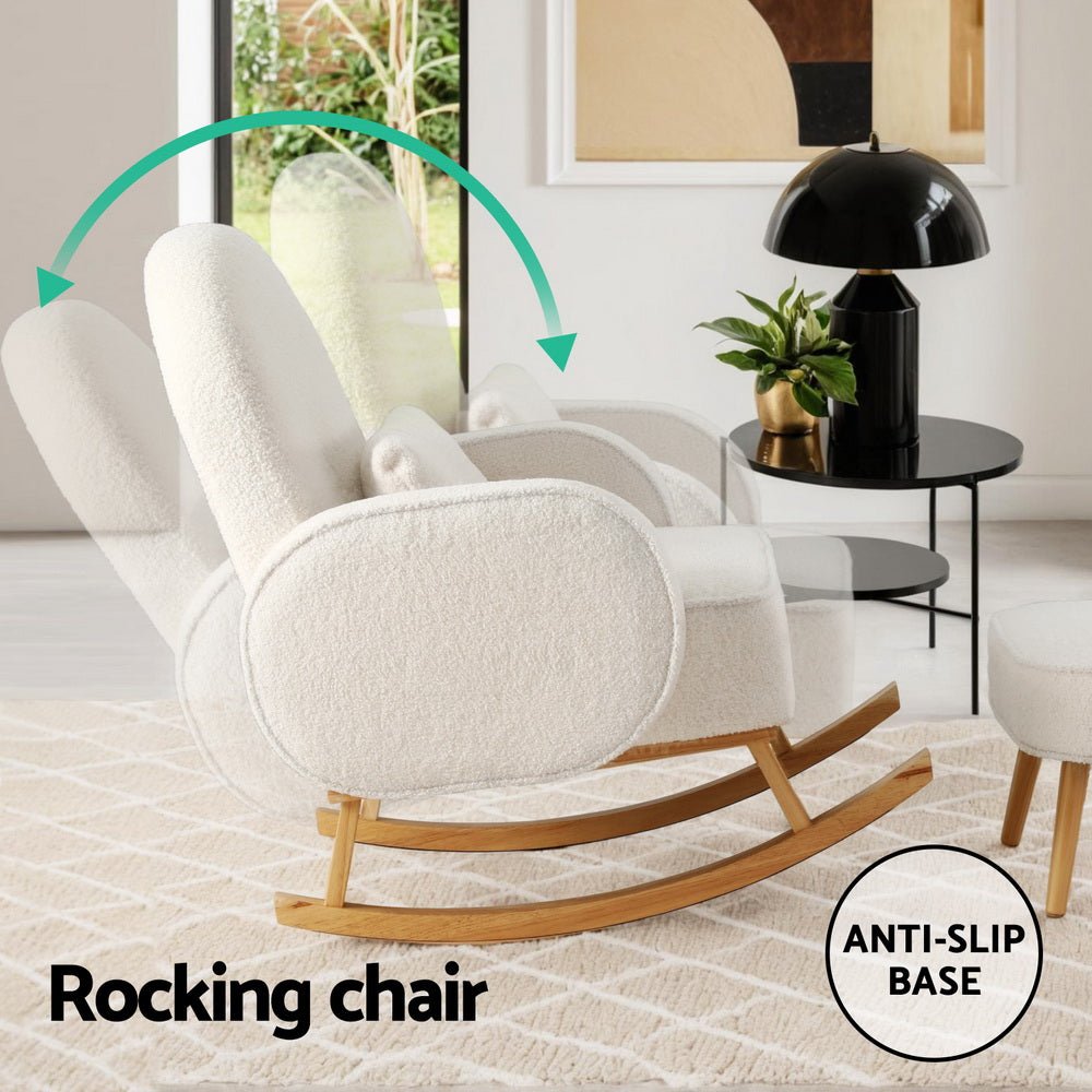 Armchair Rocking Chair Ottoman Lounge Footrest Round Nursing Boucle White - Furniture > Bar Stools & Chairs > Arm Chairs & Recliners - Rivercity House & Home Co. (ABN 18 642 972 209) - Affordable Modern Furniture Australia
