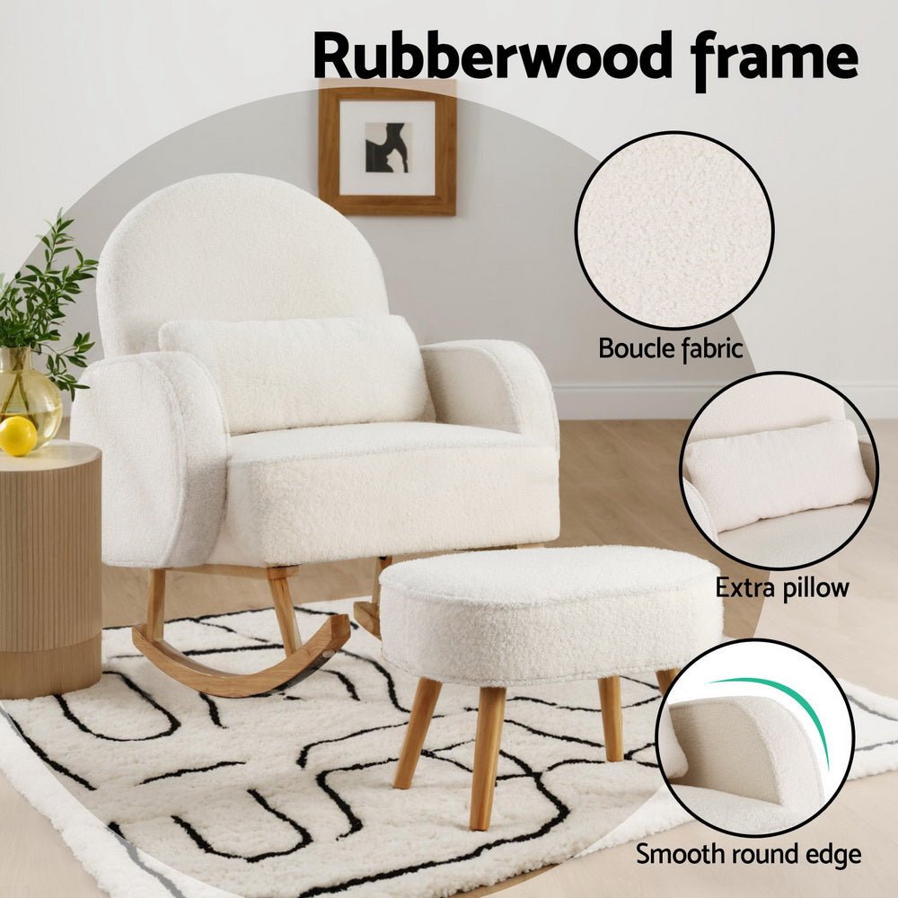 Armchair Rocking Chair Ottoman Lounge Footrest Round Nursing Boucle White - Furniture > Bar Stools & Chairs > Arm Chairs & Recliners - Rivercity House & Home Co. (ABN 18 642 972 209) - Affordable Modern Furniture Australia
