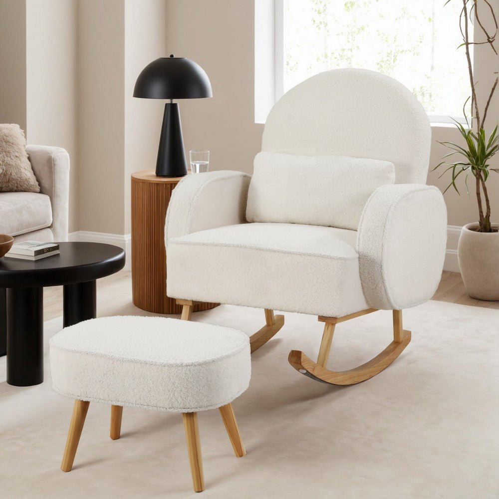 Armchair Rocking Chair Ottoman Lounge Footrest Round Nursing Boucle White - Furniture > Bar Stools & Chairs > Arm Chairs & Recliners - Rivercity House & Home Co. (ABN 18 642 972 209) - Affordable Modern Furniture Australia