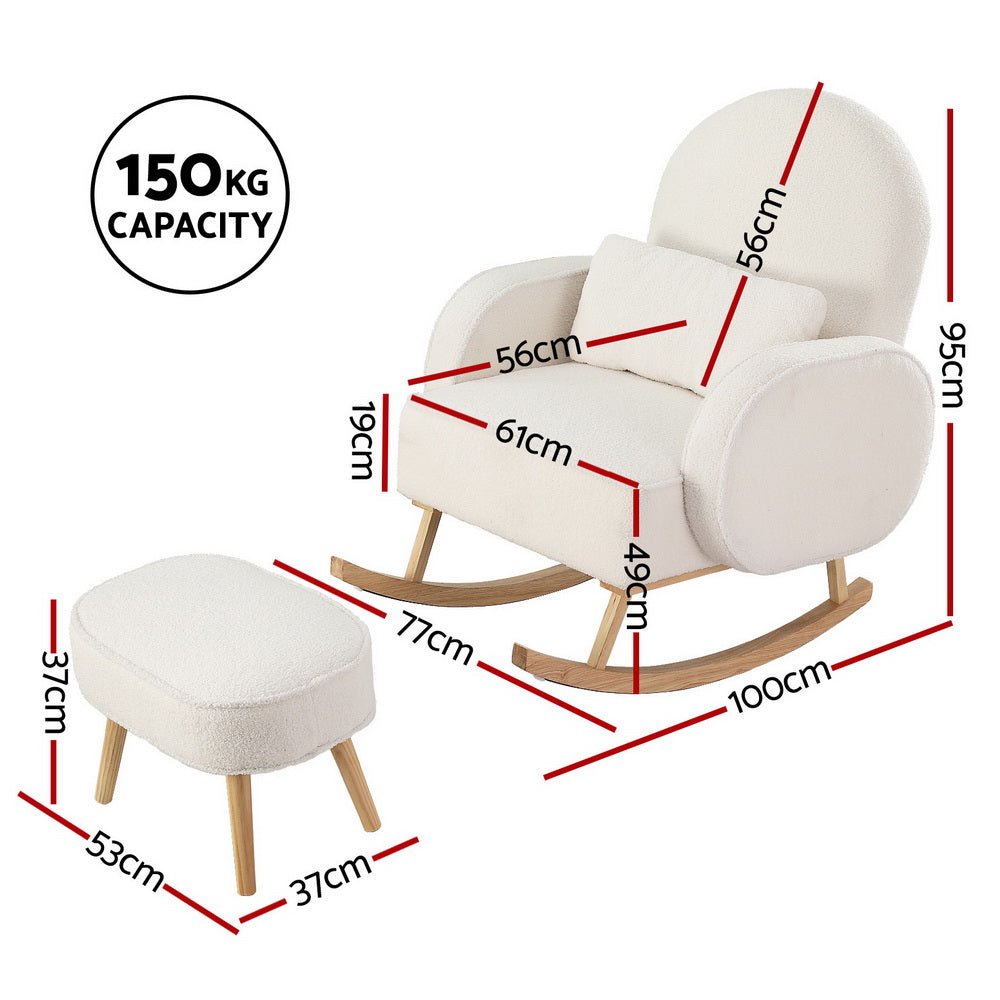 Armchair Rocking Chair Ottoman Lounge Footrest Round Nursing Boucle White - Furniture > Bar Stools & Chairs > Arm Chairs & Recliners - Rivercity House & Home Co. (ABN 18 642 972 209) - Affordable Modern Furniture Australia