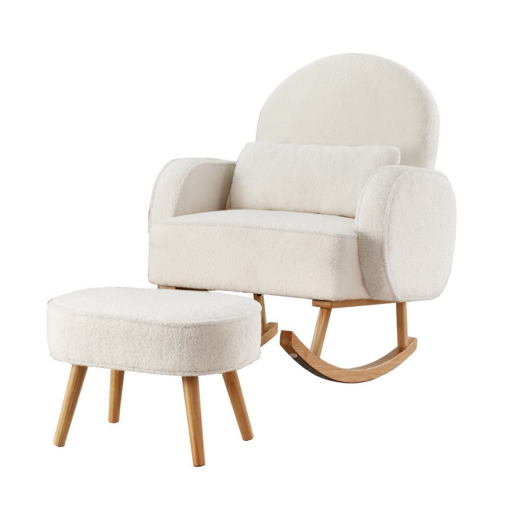 Armchair Rocking Chair Ottoman Lounge Footrest Round Nursing Boucle White - Furniture > Bar Stools & Chairs > Arm Chairs & Recliners - Rivercity House & Home Co. (ABN 18 642 972 209) - Affordable Modern Furniture Australia