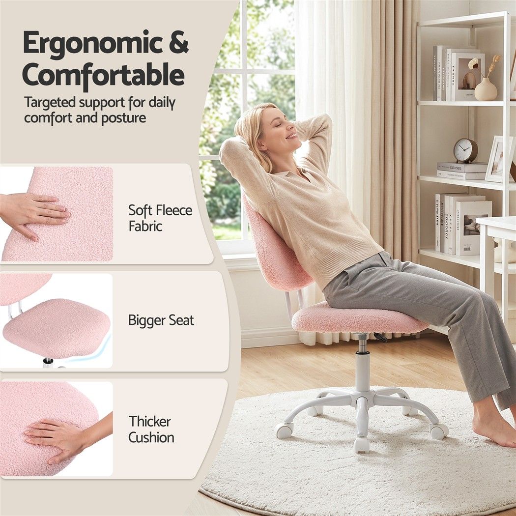 Armless Ergonomic Office Chair with Height Adjustment and Soft Fleece Upholstery - Pink - Furniture > Office > Office & Desk Chairs - Rivercity House & Home Co. (ABN 18 642 972 209) - Affordable Modern Furniture Australia